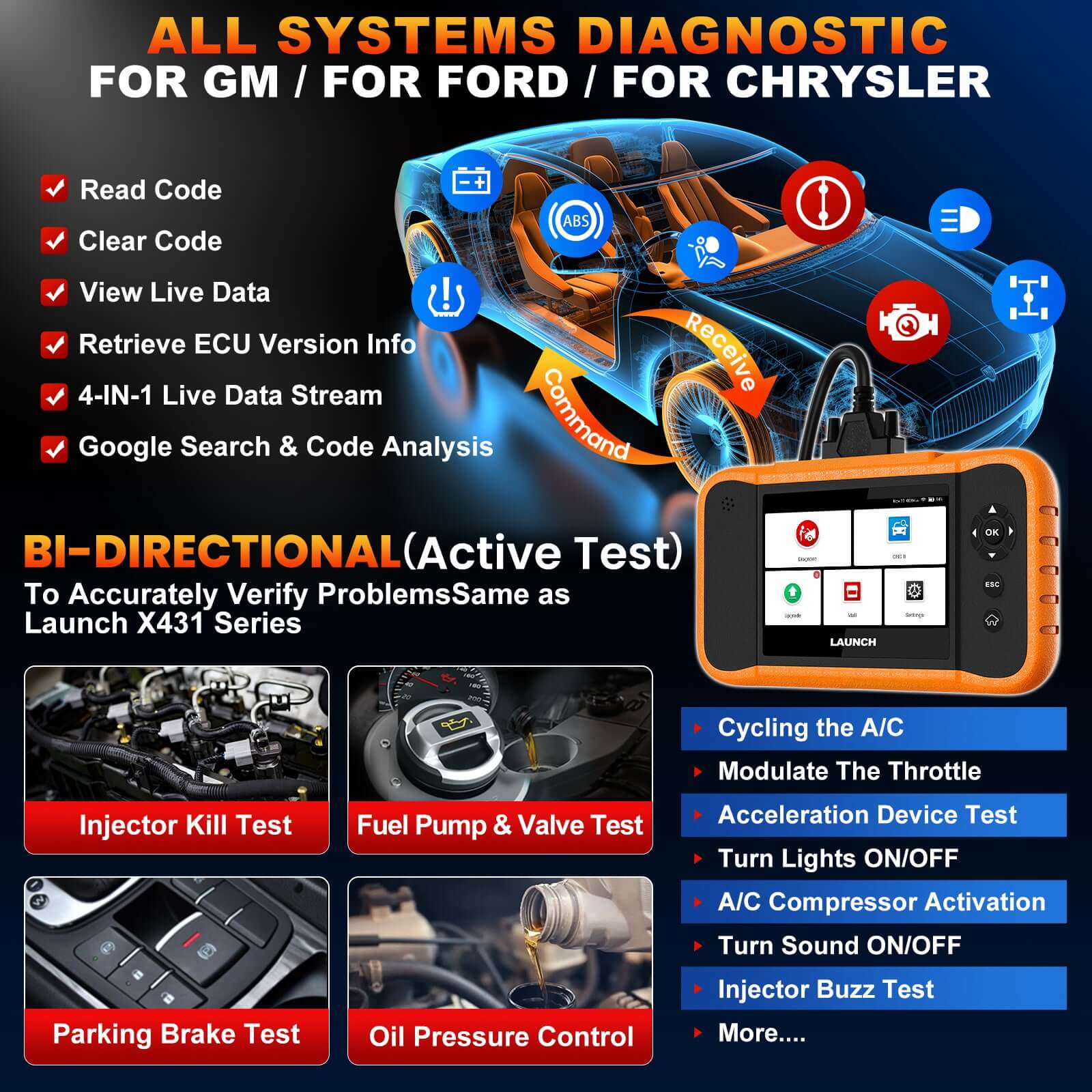 2025 LAUNCH X431 Creader Elite V2.0 for Ford/GM/Chrysler  Diagnostic Scanner  Bi Directional Scan Tool FGC Code Reader - Image 3