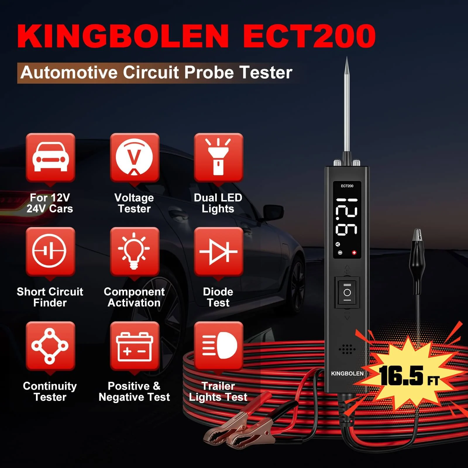 KINGBOLEN ECT200 12V&24V Car Battery Tester Maximum 8A With LED Screen Battery Analyzer - Image 6