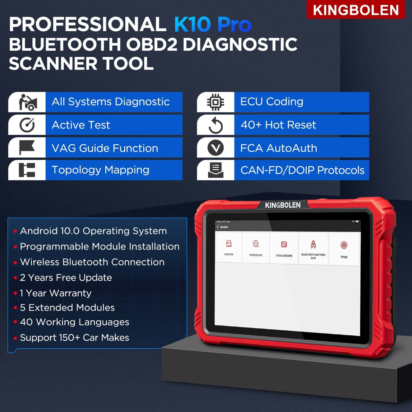 2026 Kingbolen K10 PRO CANFD&Doip Bluetooth Obd2 Scanner 40+ Resets All System Car Diagnostic Tools With ECU Coding Active Test Guide Function - Image 4