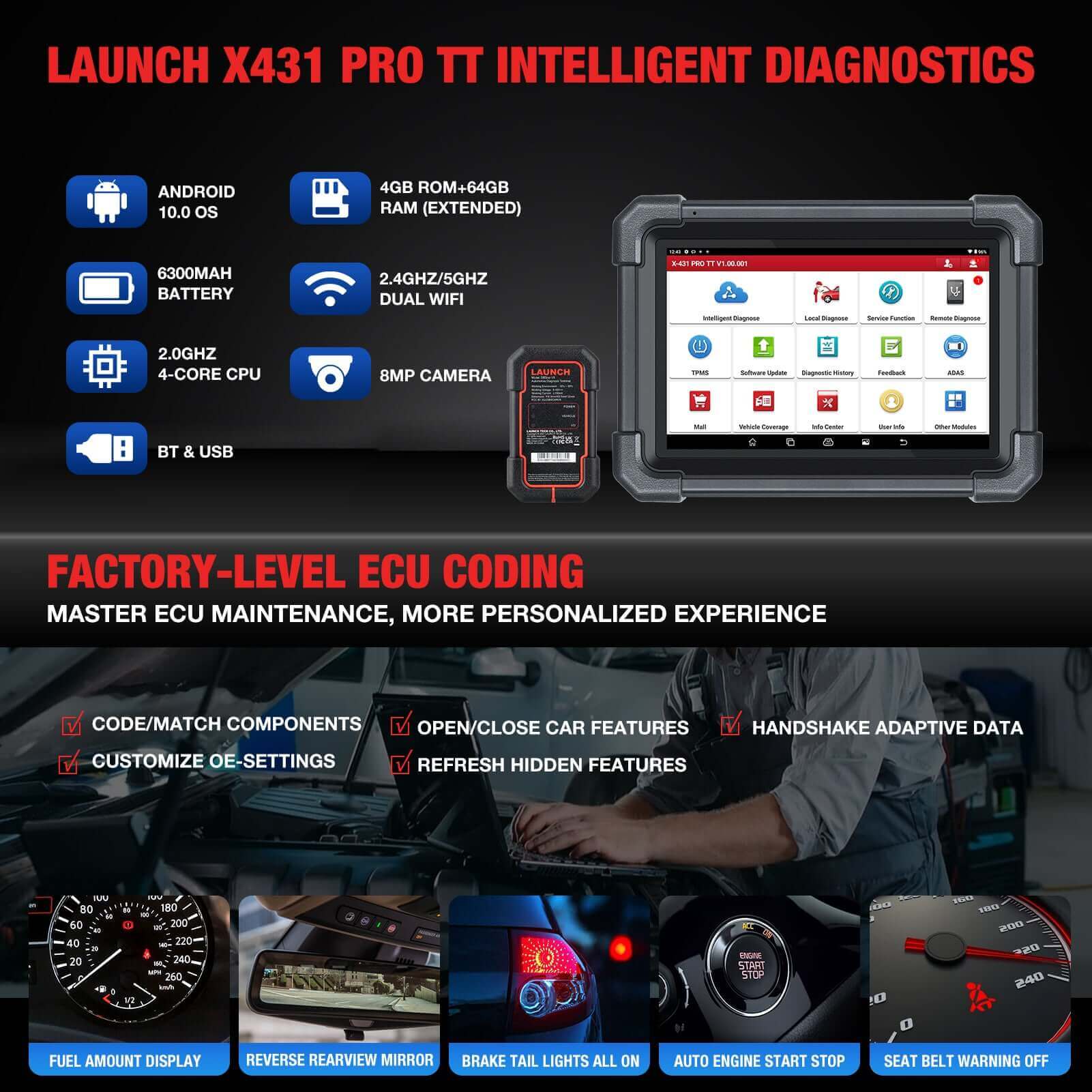 LAUNCH® X431 PRO TT Bidirectional Scan Tool with DBSCar VII Connector,37+ Reset for All Cars,ECU Online Coding,CANFD Key IMMO, - Image 5