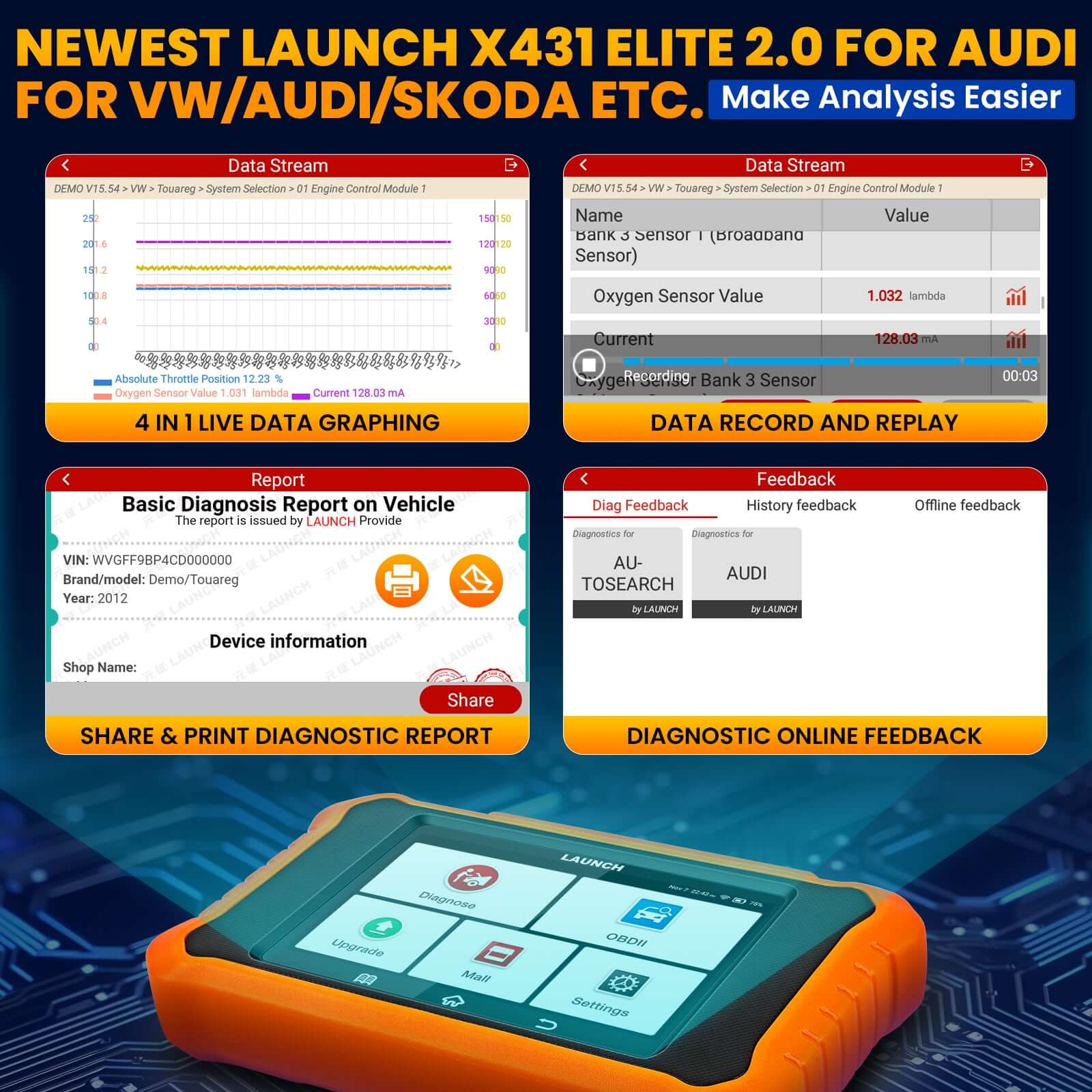 LAUNCH X431 Creader Elite 2.0 For AUDI OBD2 Scanner Bi Directional Diagnostic Tool SRS DPF Oil Reset Code Reader(Support Volkswagen, Audi, Bentley, Skoda, Bugatti, Lamborghini, Seat) - Image 4