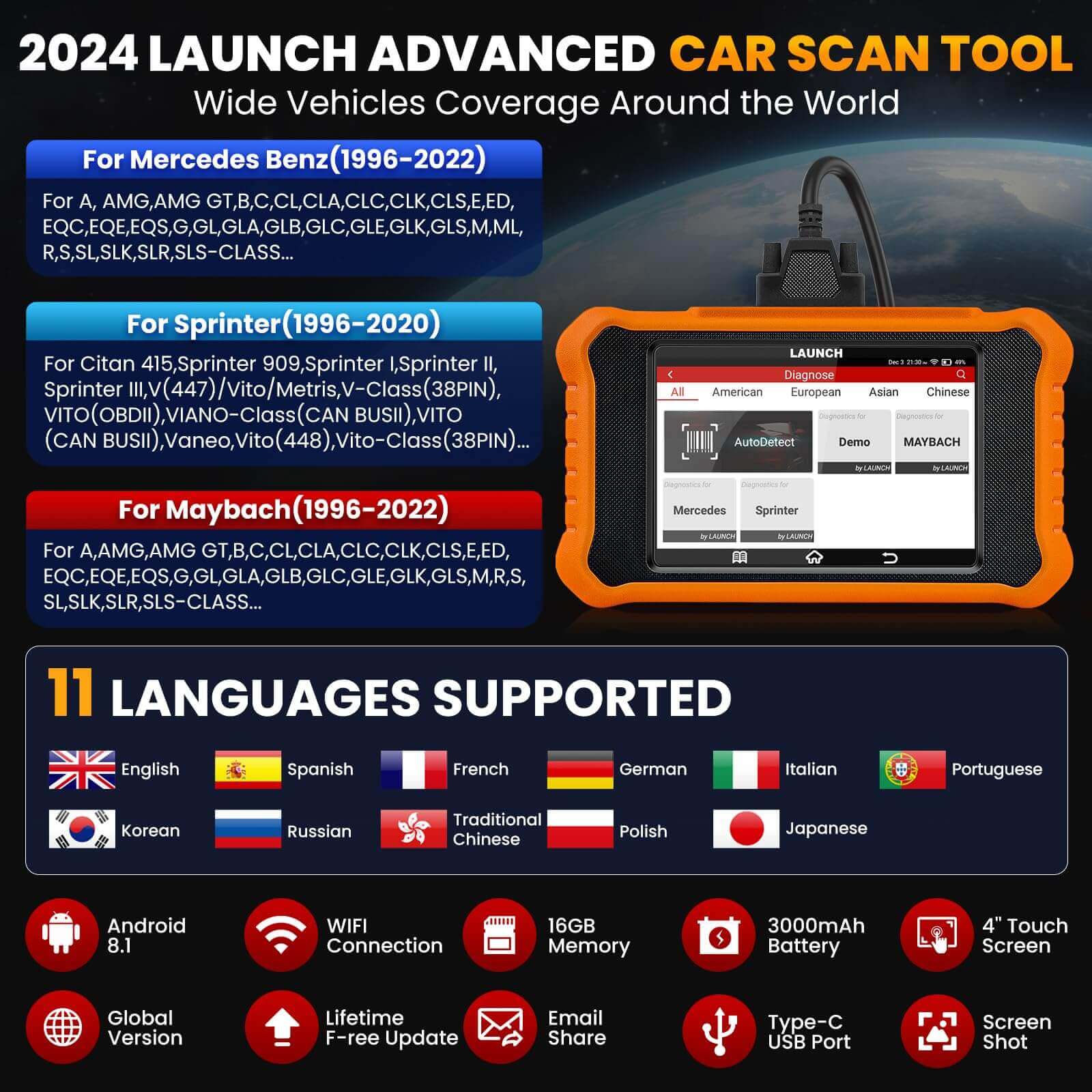 LAUNCH X431 Creader Elite 2.0 for Mercedes-Benz Bi directional Diagnostic Tool Scanner Professional Diagnostic Code Reader(Support Mercedes-Benz, Maybach, SPRINTER) - Image 3