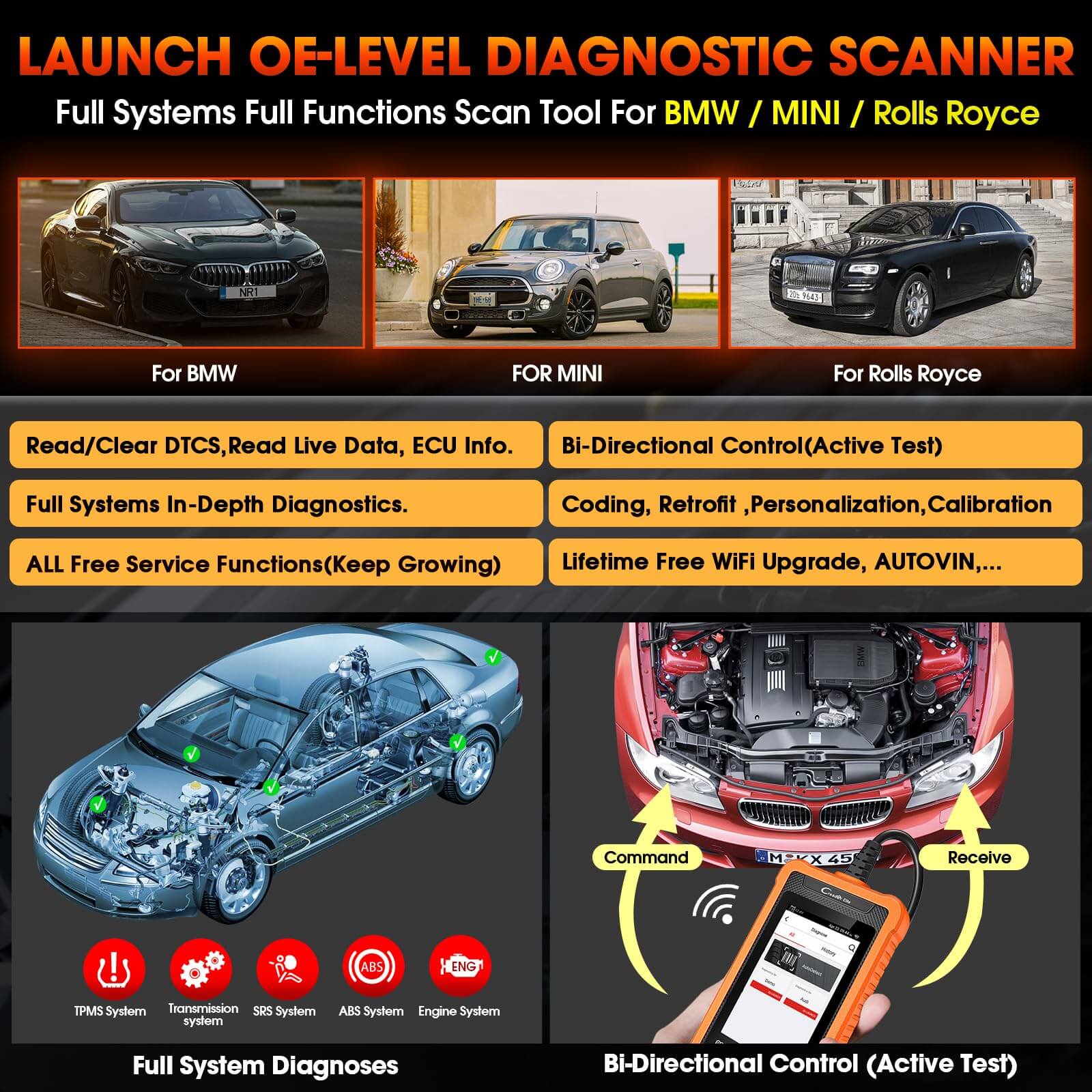 LAUNCH X431 Creader Elite For BMW Bi directional Diagnostic Tool OBD2 Scanner Diagnostic Tool ABS SRS DPF Oil Reset Code Reader(Support mini, Rolls-Royce) - Image 3