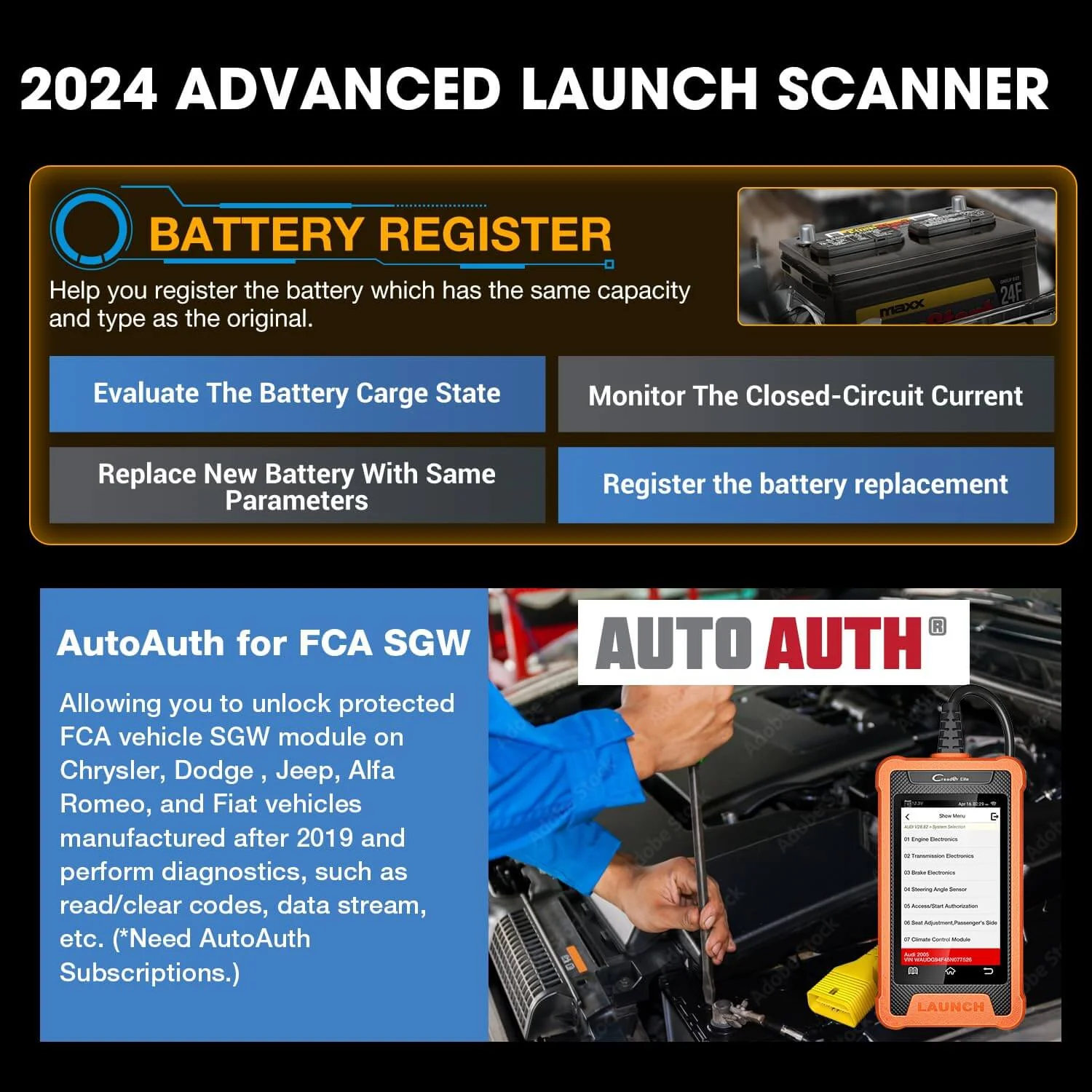 LAUNCH X431 Creader Elite for Chrysler Bidirectional Diagnostic Tool OBD2 Scanner ABS SRS DPF Oil Reset Code Reader(Support Chrysler, Dodge, Jeep) - Image 6