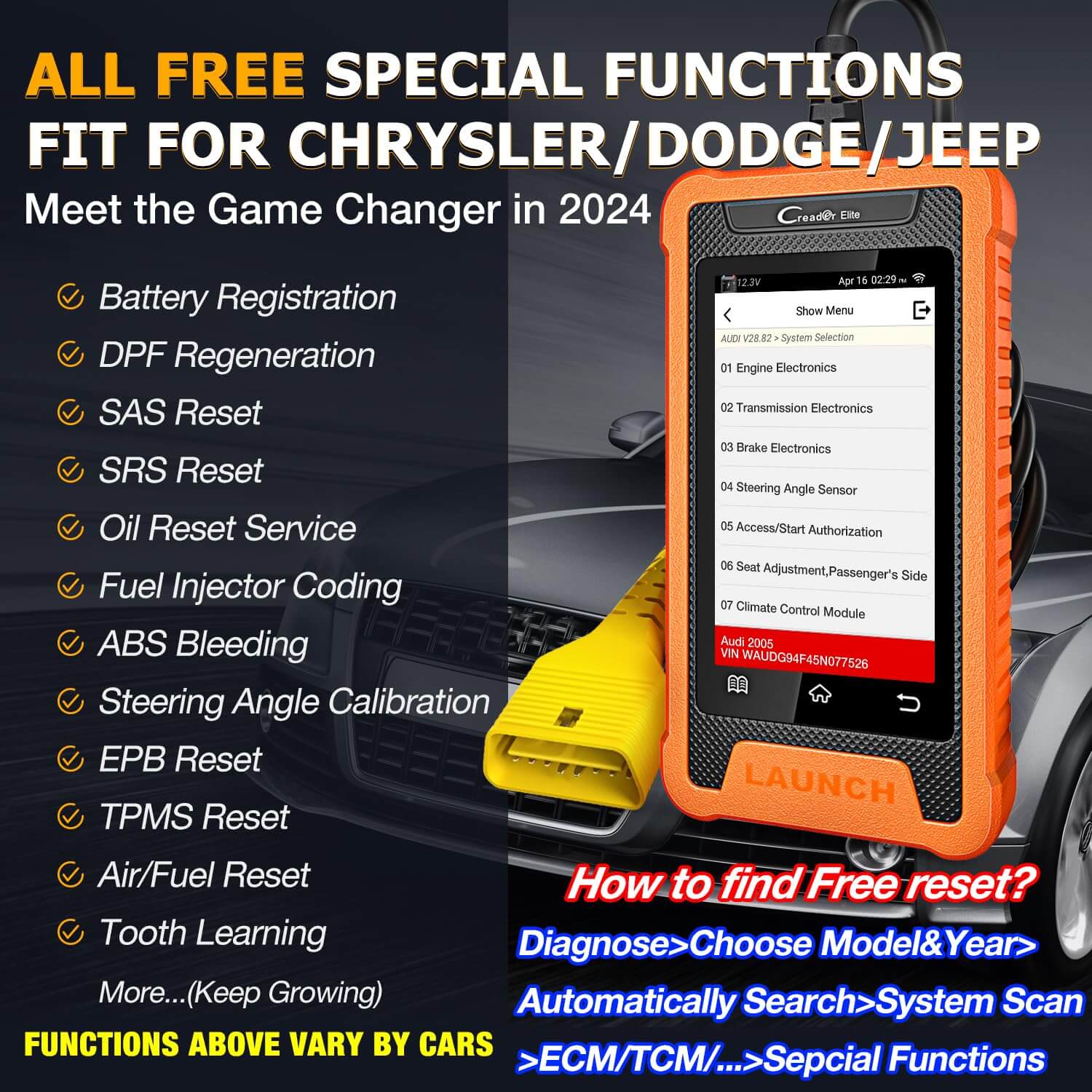 LAUNCH X431 Creader Elite for Chrysler Bidirectional Diagnostic Tool OBD2 Scanner ABS SRS DPF Oil Reset Code Reader(Support Chrysler, Dodge, Jeep) - Image 8