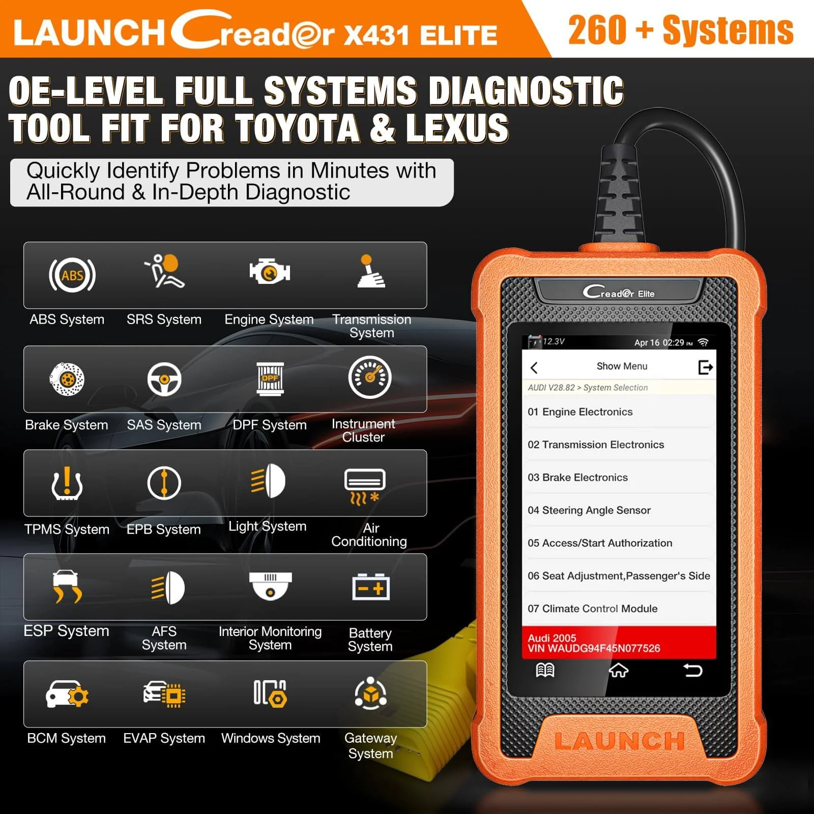 LAUNCH X431 Creader Elite for Toyota Car OBD2 Bi directional Diagnostic Scanner ALL System Code Reader (Support Lexus, Toyota China) - Image 5