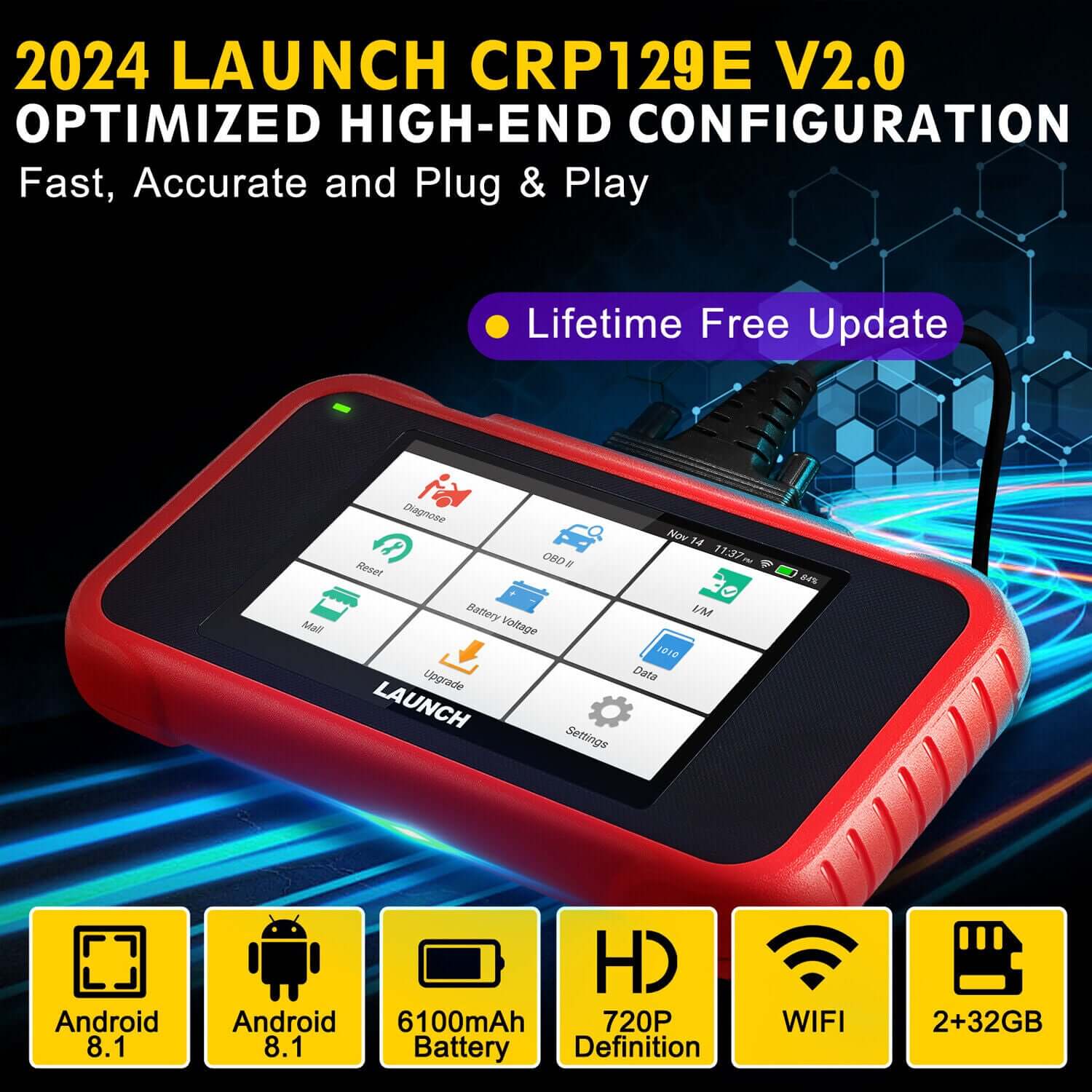 2025 LAUNCH CRP129E V2.0 Elite OBD2 Scanner – Engine/ABS/SRS/Transmission Code Reader, 12 Resets incl. Injector Coding, ABS Bleed, Oil/EPB/TPMS, FCA AutoAuth, Auto VIN, Free Lifetime Updates - Image 3