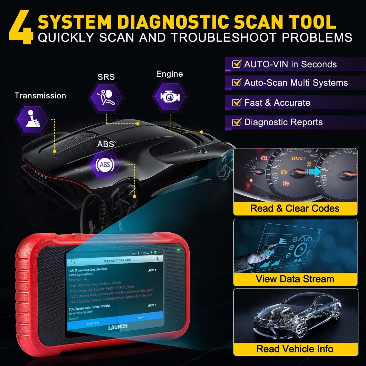 2025 LAUNCH CRP129E V2.0 Elite OBD2 Scanner – Engine/ABS/SRS/Transmission Code Reader, 12 Resets incl. Injector Coding, ABS Bleed, Oil/EPB/TPMS, FCA AutoAuth, Auto VIN, Free Lifetime Updates - Image 4