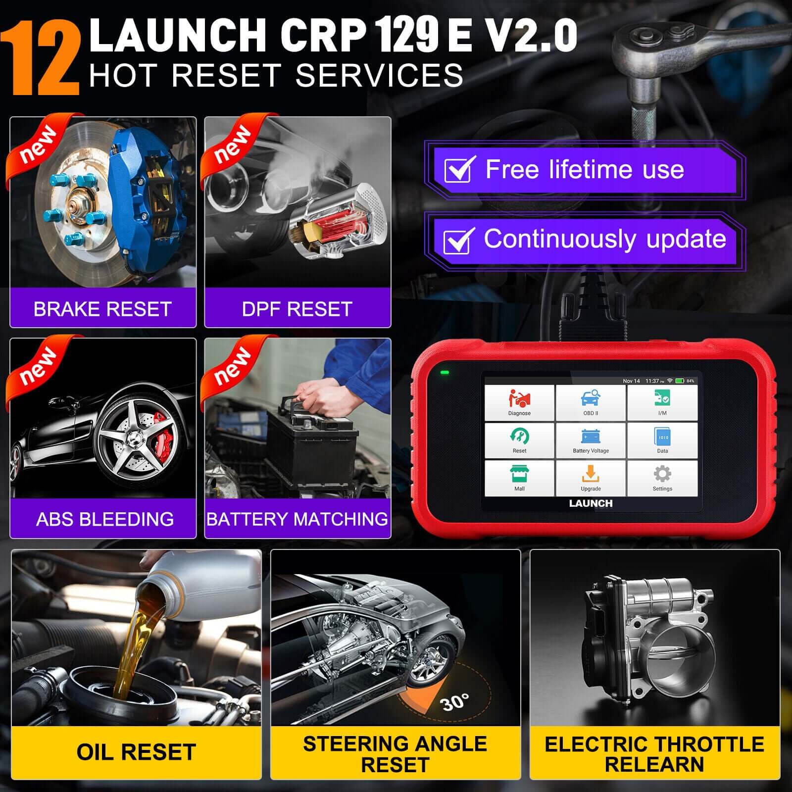 2025 LAUNCH CRP129E V2.0 Elite OBD2 Scanner – Engine/ABS/SRS/Transmission Code Reader, 12 Resets incl. Injector Coding, ABS Bleed, Oil/EPB/TPMS, FCA AutoAuth, Auto VIN, Free Lifetime Updates - Image 6