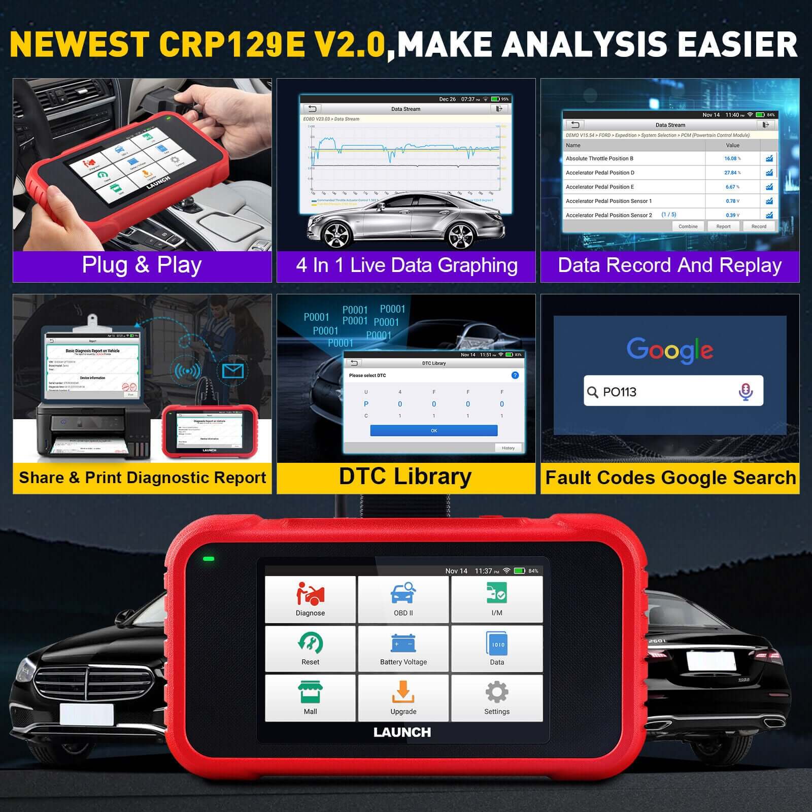 2025 LAUNCH CRP129E V2.0 Elite OBD2 Scanner – Engine/ABS/SRS/Transmission Code Reader, 12 Resets incl. Injector Coding, ABS Bleed, Oil/EPB/TPMS, FCA AutoAuth, Auto VIN, Free Lifetime Updates - Image 9