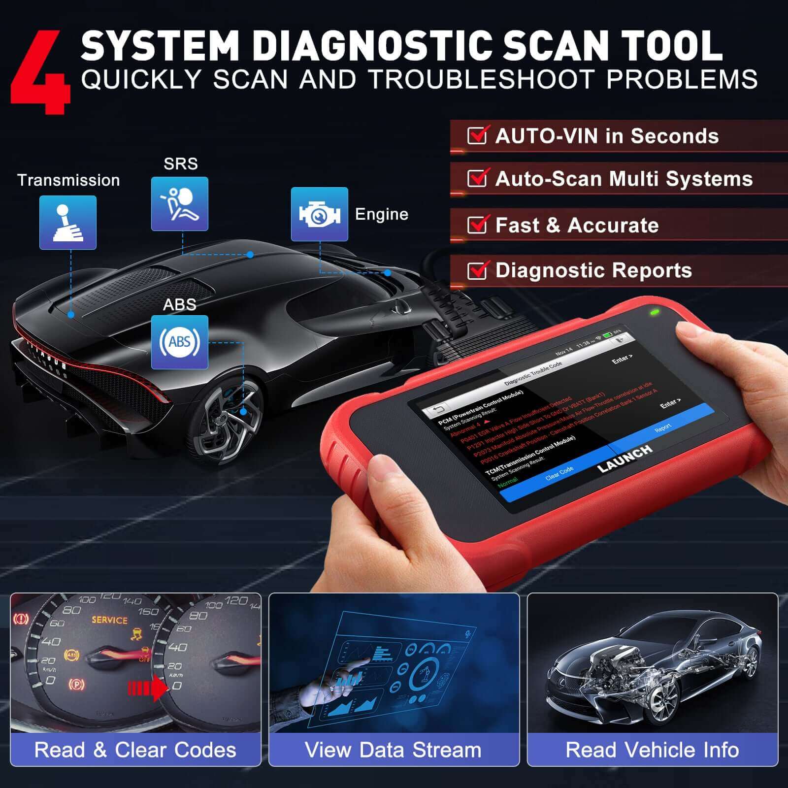 Upgraded LAUNCH CRP123E V2.0 OBD2 Scanner – Diagnostic Tool for Engine, ABS, SRS, Transmission with 7 Reset Functions: Oil, Throttle, SAS, BMS, EPB, DPF, ABS Bleeding, Battery Test, FCA SGW, Lifetime Free Updates - Image 4