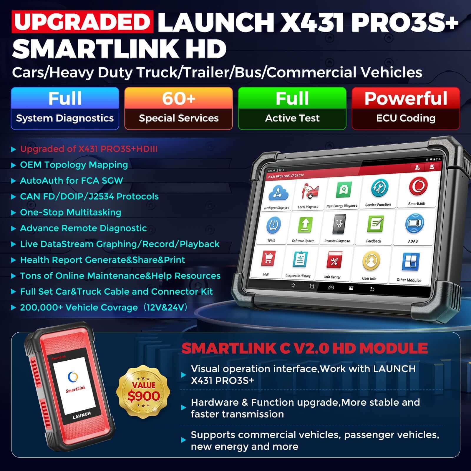 LAUNCH X431 PRO3S+ SmartLink HD 12V Car 24V Truck Heavy Duty OBDII Diagnostic Tool ECU Coding Active Test 31+ Reset Services - Image 6